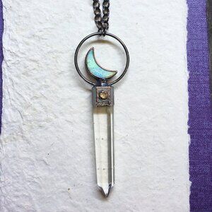 Quartz, Monarch Opal Crescent Moon Necklace in Electroformed Copper by Query Eve